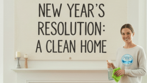 Modern Lake Tahoe living room with a New Year's resolution sign for a clean home