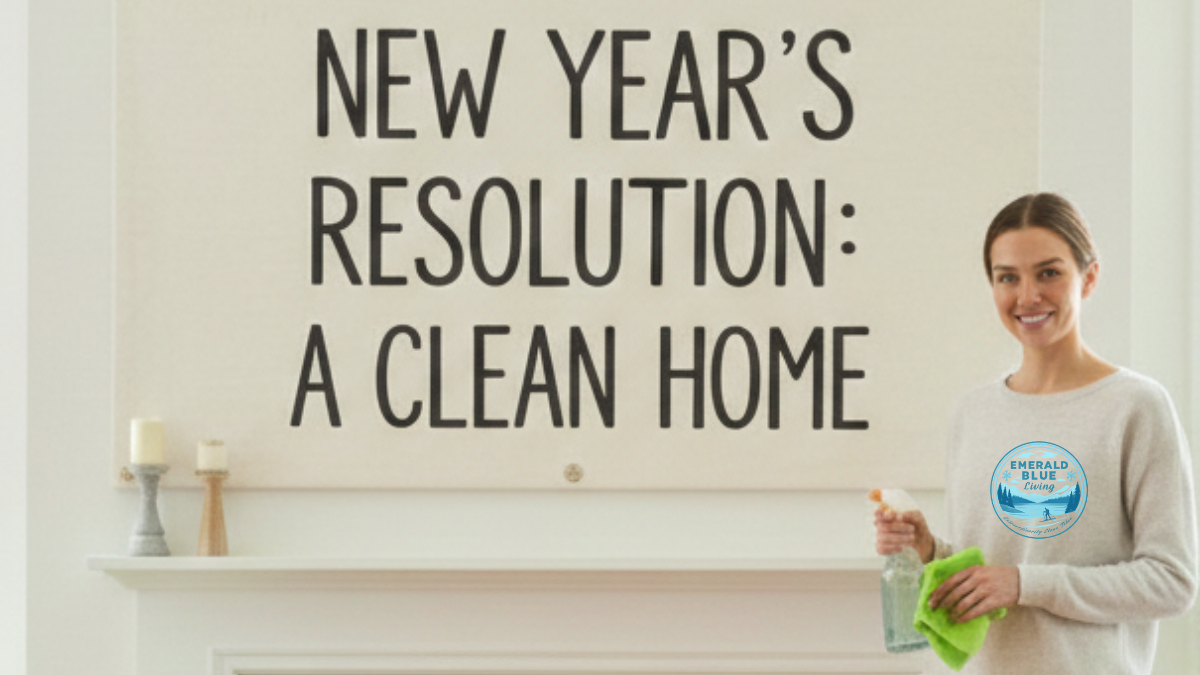 Modern Lake Tahoe living room with a New Year's resolution sign for a clean home