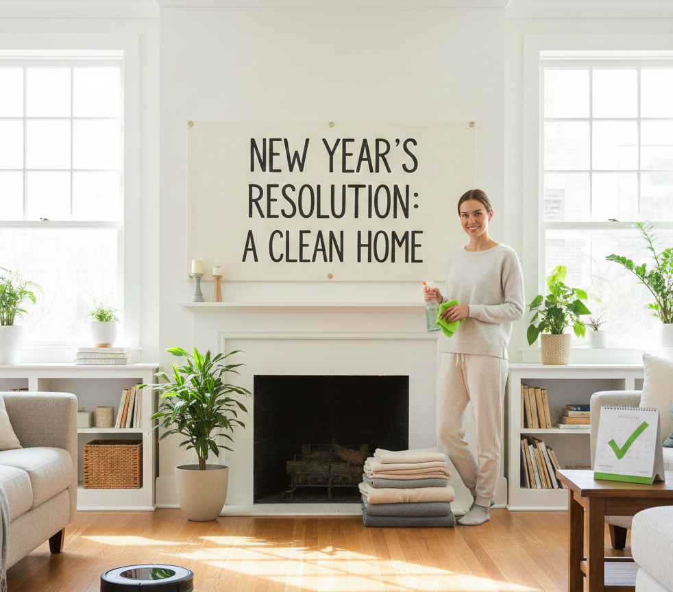 Modern Lake Tahoe living room with a New Year's resolution sign for a clean home.